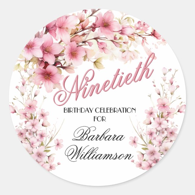Pink Floral Arch Elegance 90th Birthday Party Classic Round Sticker (Front)