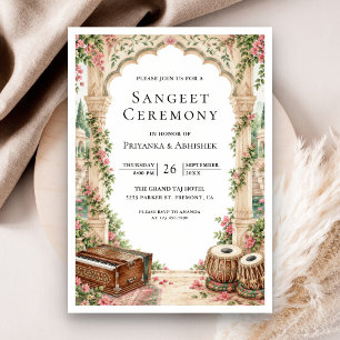 Pink Floral Arch Harmonium Tabla Sangeet Ceremony Invitation