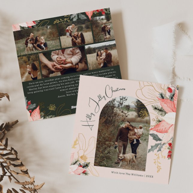 Pink Floral Arch Holly Jolly Christmas Seven Photo Holiday Card (Creator Uploaded)