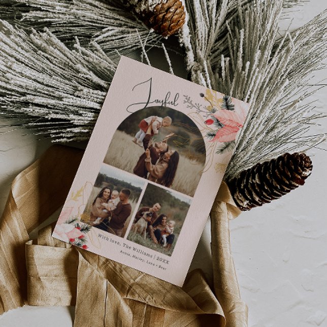 Pink Floral Arch Joyful Three Photo Christmas Holiday Card (Creator Uploaded)