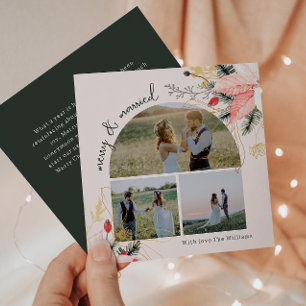 Pink Floral Arch Merry & Married Three Photo Holiday Card