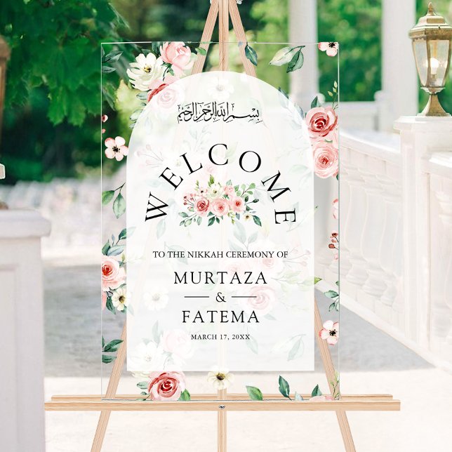 Pink Floral Arch Muslim Wedding Welcome Acrylic Sign (Creator Uploaded)