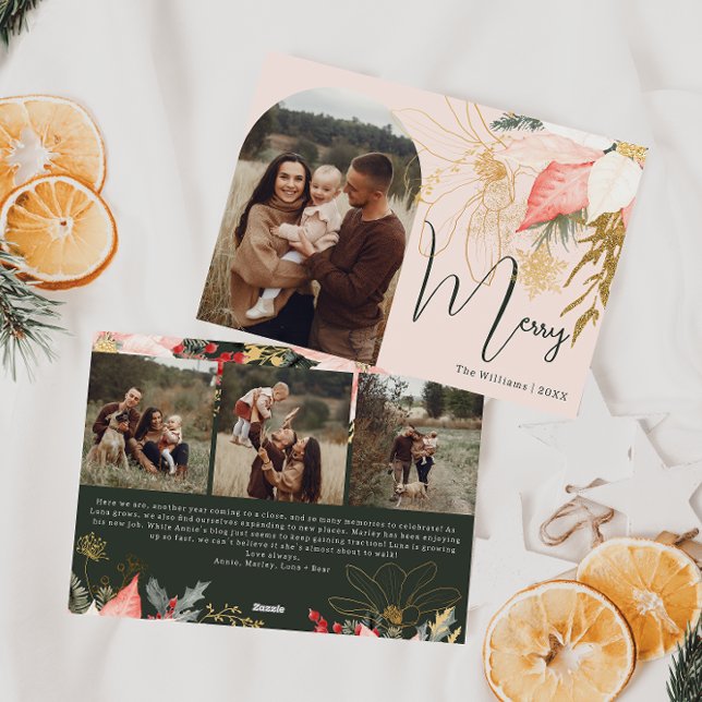 Pink Floral Arch Oh Merry Four Photo Holiday Card (Creator Uploaded)