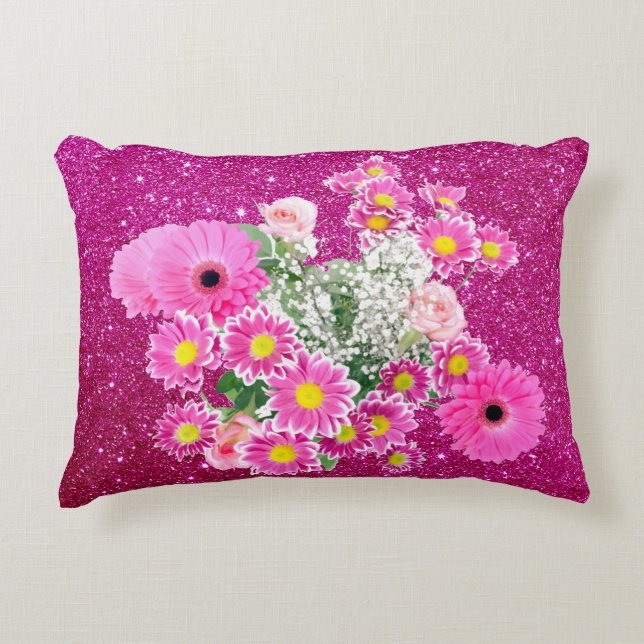 Pink Floral Arrangement Fuschia Faux Glitter Decorative Cushion (Front)