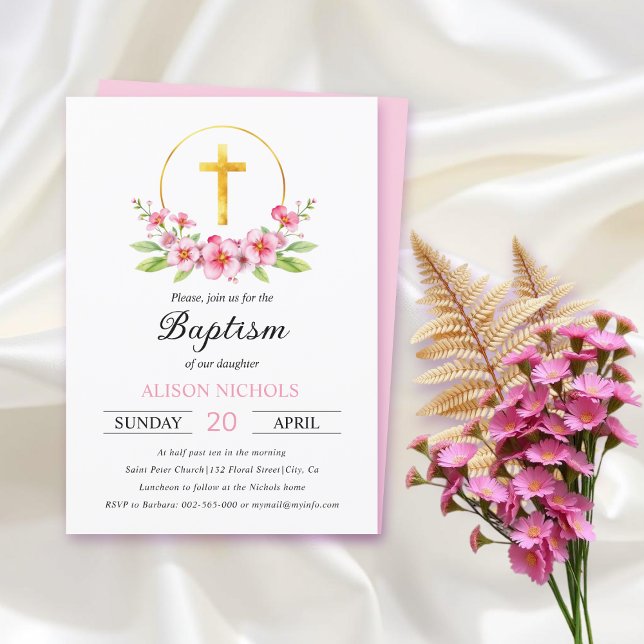 Pink floral arrangement, gold cross girl baptism invitation (Creator Uploaded)
