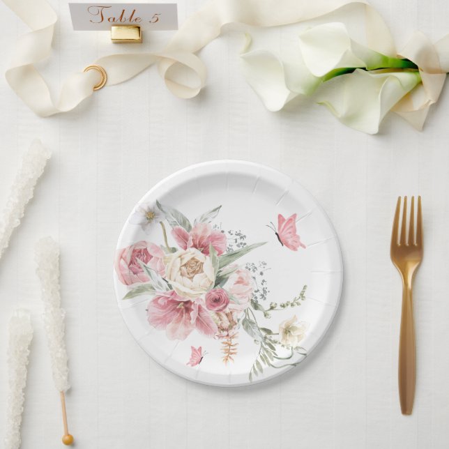 Pink Floral arrangements pastel watercolor Paper Plate (Wedding)
