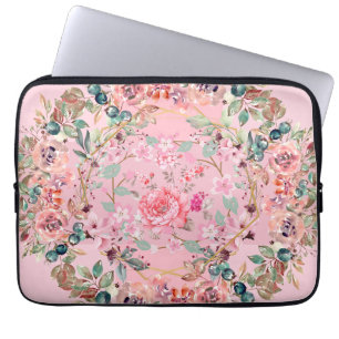Pink Floral Art, Pink Floral Wreath Laptop Sleeve