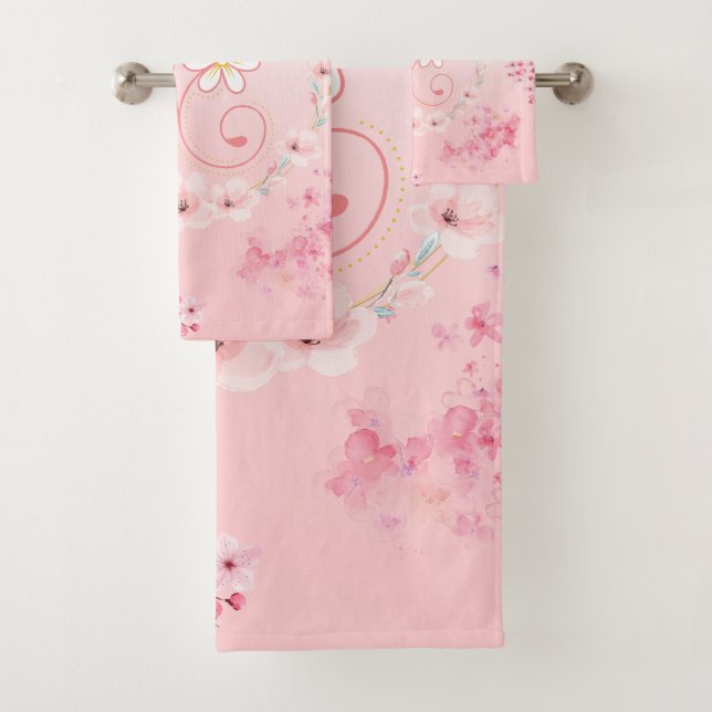 Pink Floral Art, Spring Blessing Bath Towel Set (Insitu)