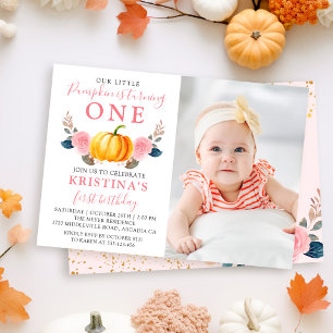 Pink Floral Autumn Pumpkin 1st Birthday Photo Invitation