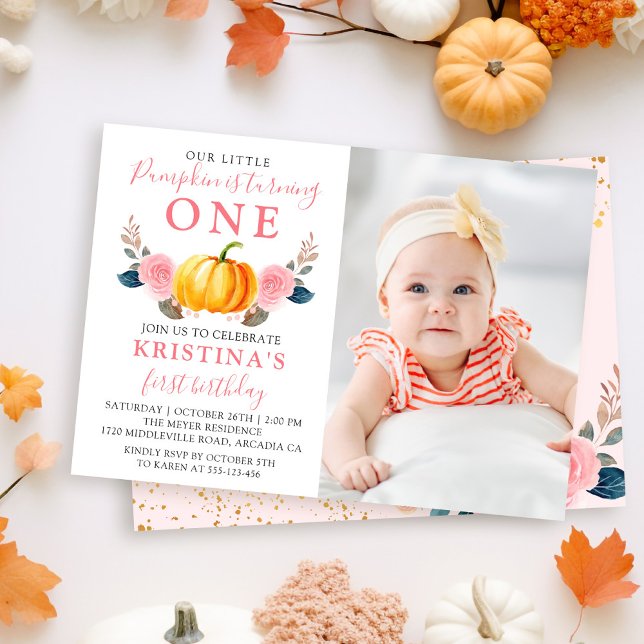 Pink Floral Autumn Pumpkin 1st Birthday Photo Invitation (Creator Uploaded)
