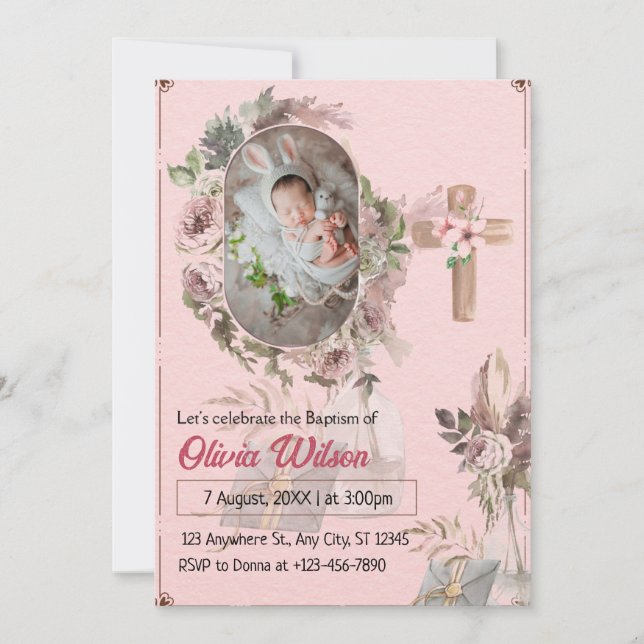 Pink Floral Baby Baptism Invitation | Modern Minim (Front)