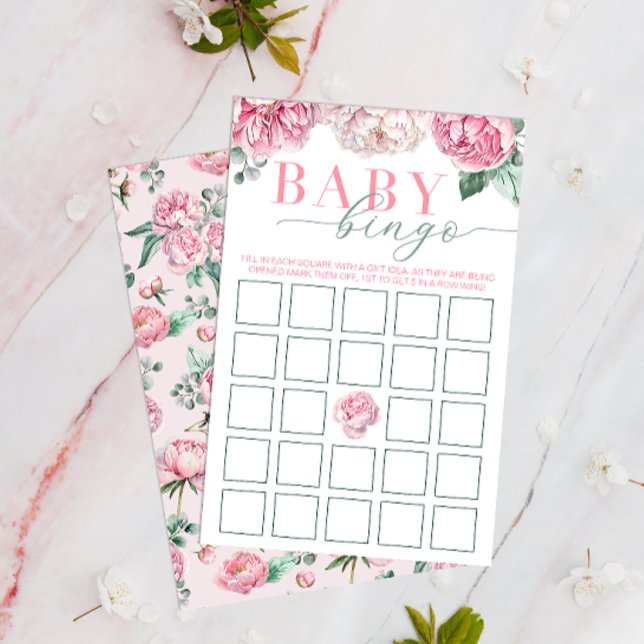Pink Floral Baby Bingo Baby Shower Activity (Floral Peony Roses - Baby Shower Bingo Activity Game)