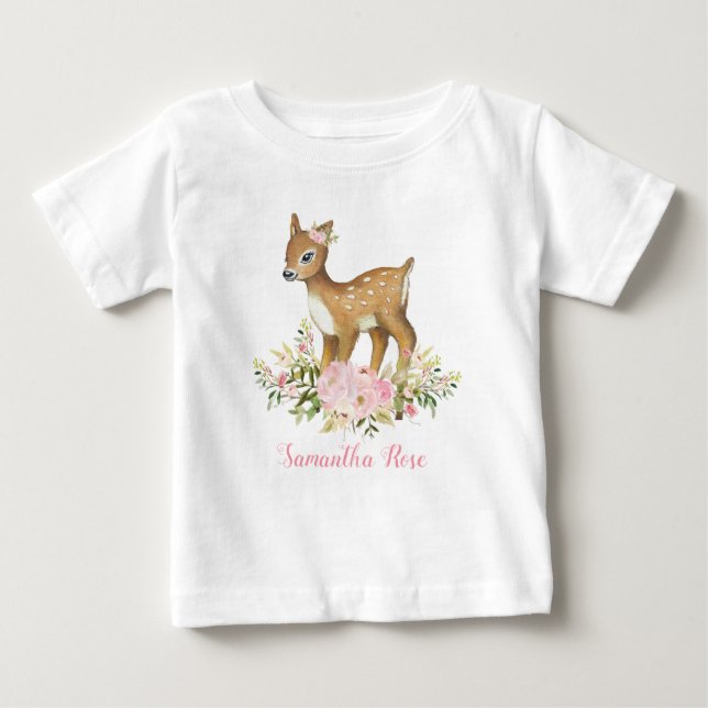 Pink Floral Baby Deer Birthday Toddler T-Shirt (Front)