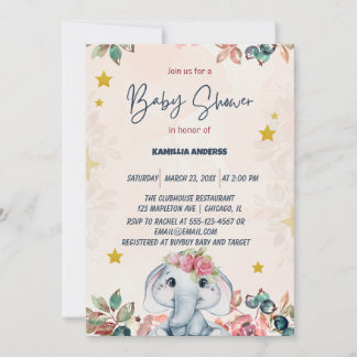 Pink floral baby elephant invitation