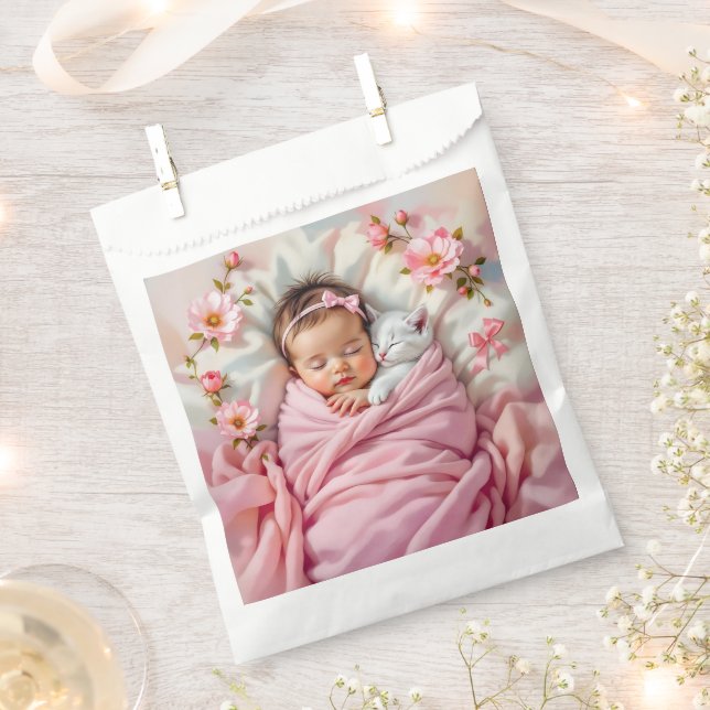 Pink Floral Baby Girl and White Kitten Favour Bags (Clipped)