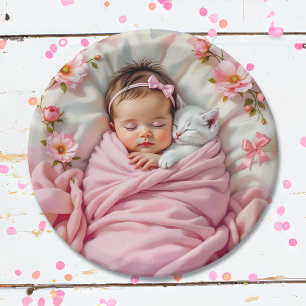Pink Floral Baby Girl and White Kitten Paper Plate