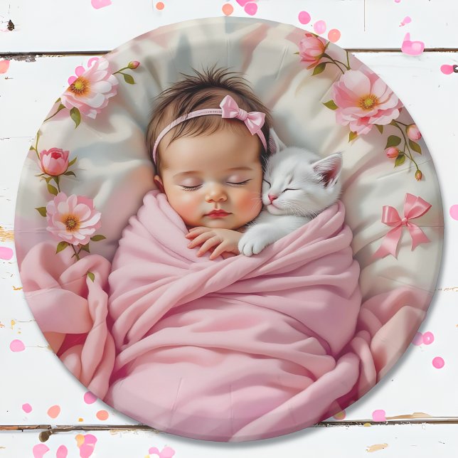 Pink Floral Baby Girl and White Kitten Paper Plate (Creator Uploaded)