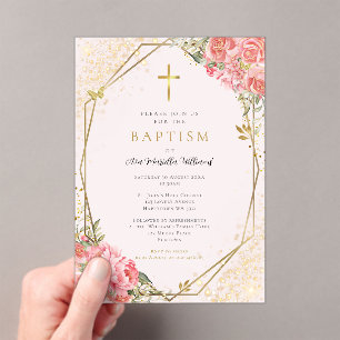 Pink Floral Baby Girl Baptism Acrylic Invitations