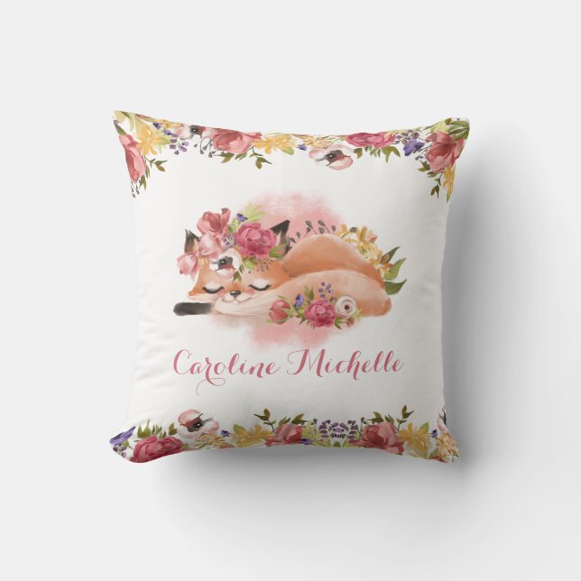 Pink Floral Baby Girl Fox Nursery Decor Cushion (Front)