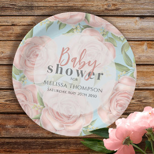 Pink Floral Baby Girl Shower Botanical Blush Rose Paper Plate