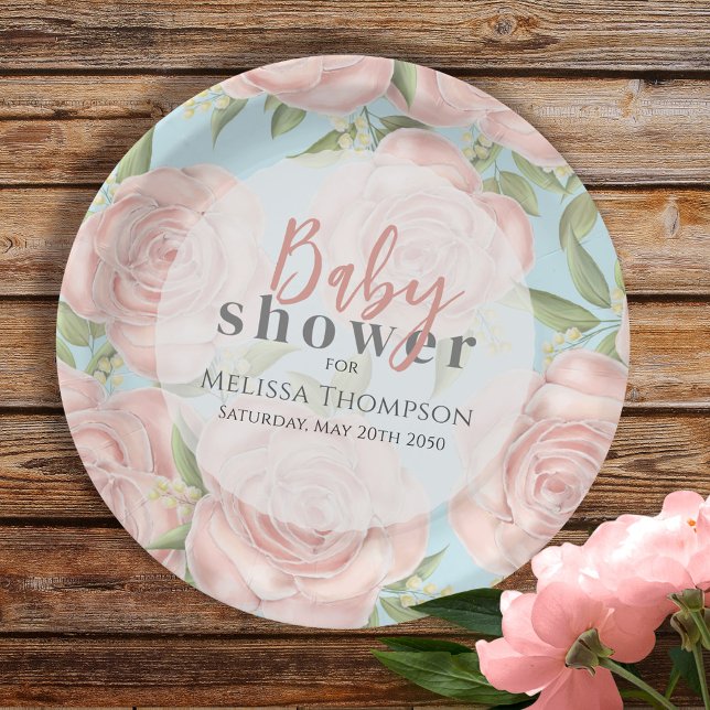 Pink Floral Baby Girl Shower Botanical Blush Rose Paper Plate (Creator Uploaded)