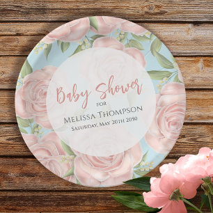 Pink Floral Baby Girl Shower Botanical Blush Rose Paper Plate