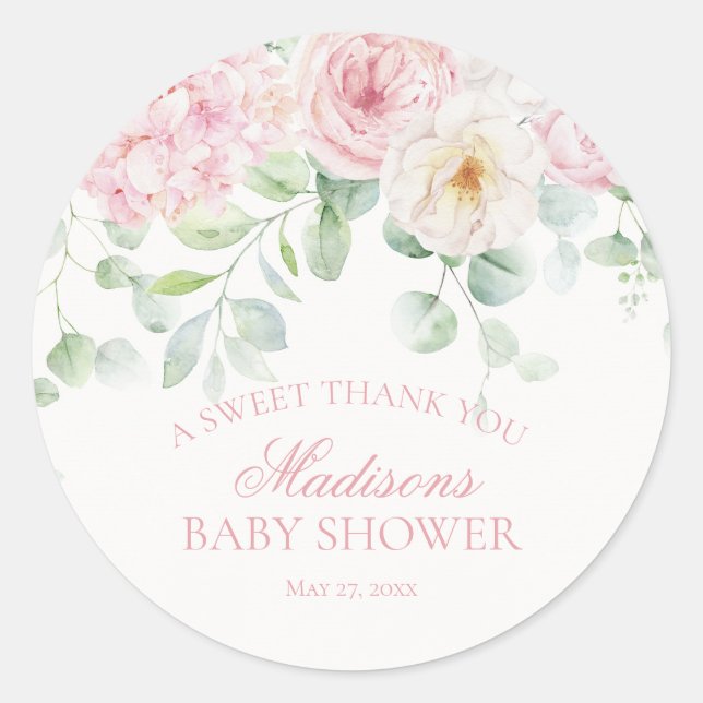 Pink Floral Baby in Bloom Baby Shower Circle Classic Round Sticker (Front)