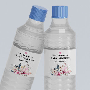 Pink Floral Baby in Bloom Baby Shower Water Bottle Label