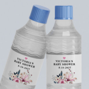Pink Floral Baby in Bloom Baby Shower Water Bottle Label