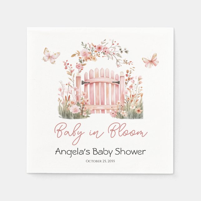 Pink Floral Baby in Bloom Butterfly Baby Shower Napkin (Front)