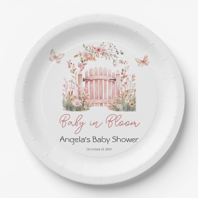 Pink Floral Baby in Bloom Butterfly Baby Shower Paper Plate (Front)