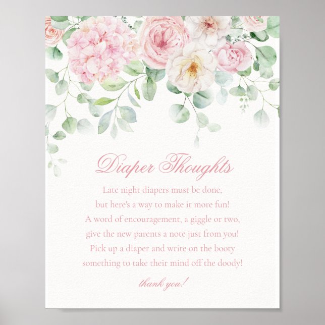 Pink Floral Baby in Bloom Diaper Thoughts Shower Poster (Front)