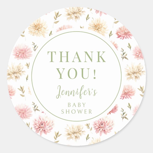 Pink floral baby in bloom thank you stickers (Front)