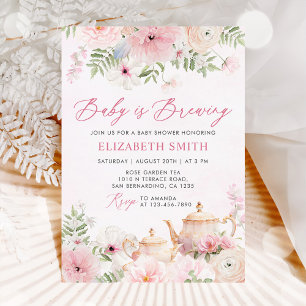 Pink Floral Baby is Brewing Tea Party Baby Shower Invitation