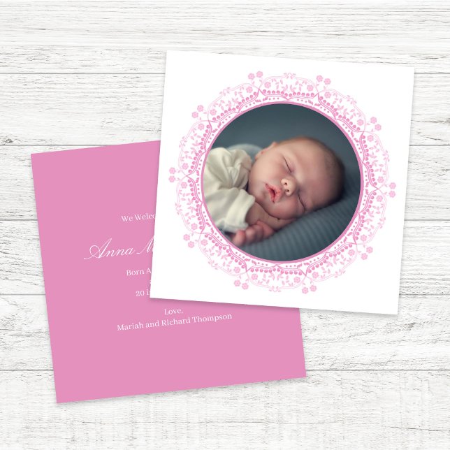 Pink Floral Baby Photo Announcement Elegant (Elegant pink floral baby announcement with soft blush tones and newborn photo)
