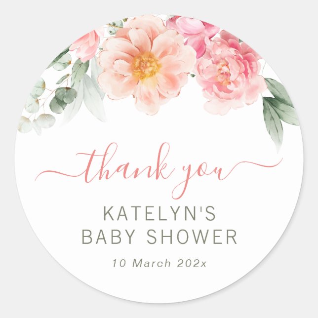 pink floral baby shower classic round sticker (Front)
