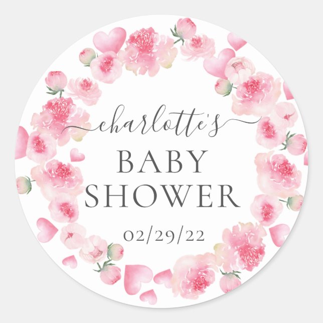 Pink Floral Baby Shower Favour Sticker (Front)