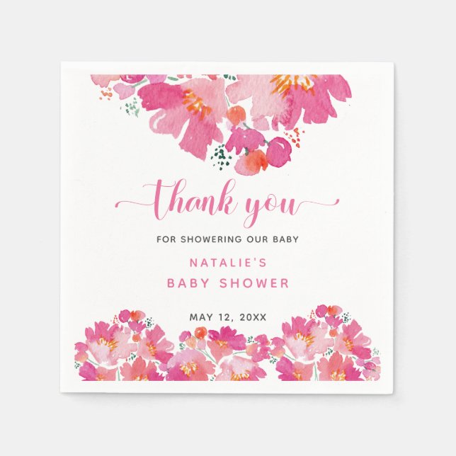 Pink Floral Baby Shower in Bloom Watercolor Napkin (Front)