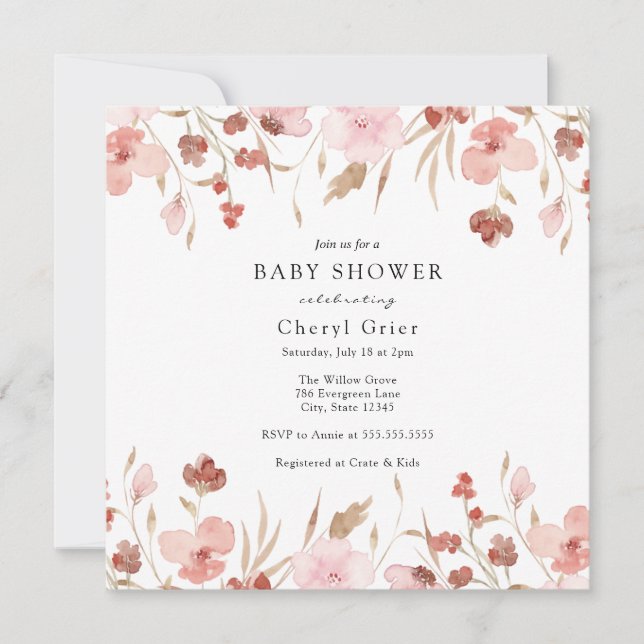 Pink Floral Baby Shower Invitation Card (Front)