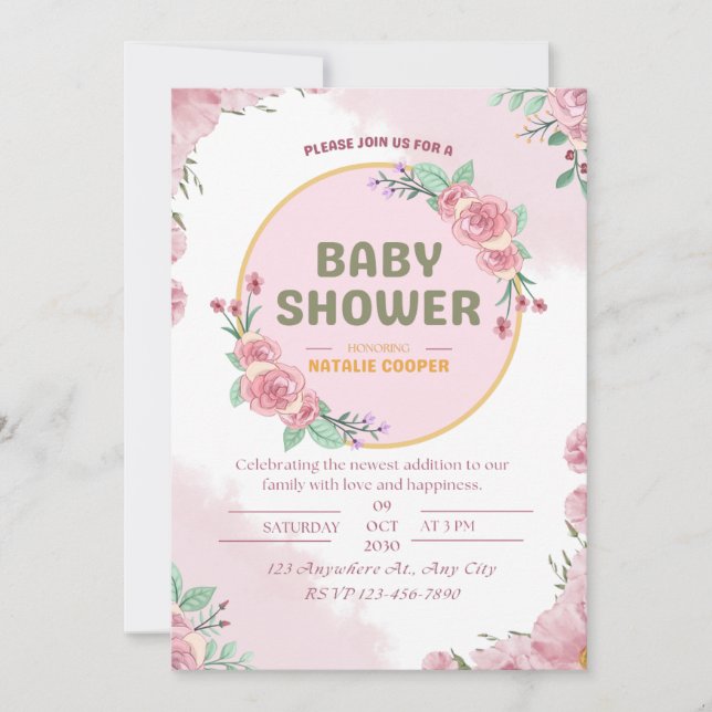 Pink floral baby shower invitation card. (Front)