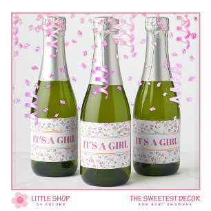 Pink Floral Baby Shower Its a Girl Sparkling Wine Label
