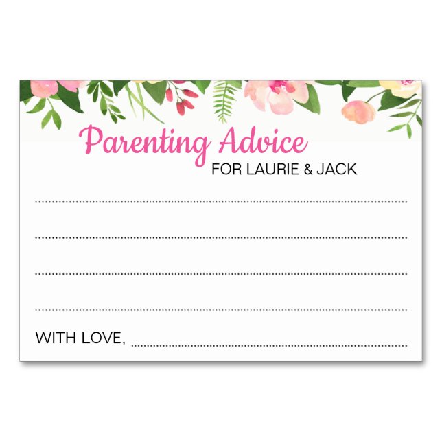 Pink Floral Baby Shower Parenting Advice Cards (Front)