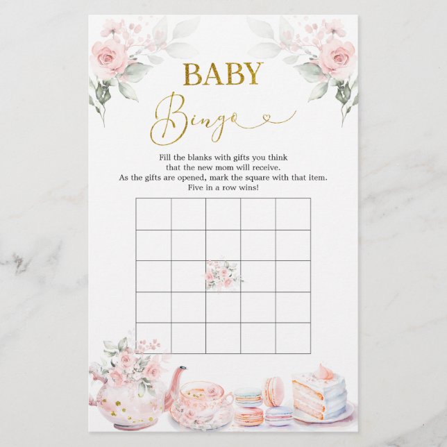 Pink Floral Baby Shower Tea Party Baby Bingo Game (Front)