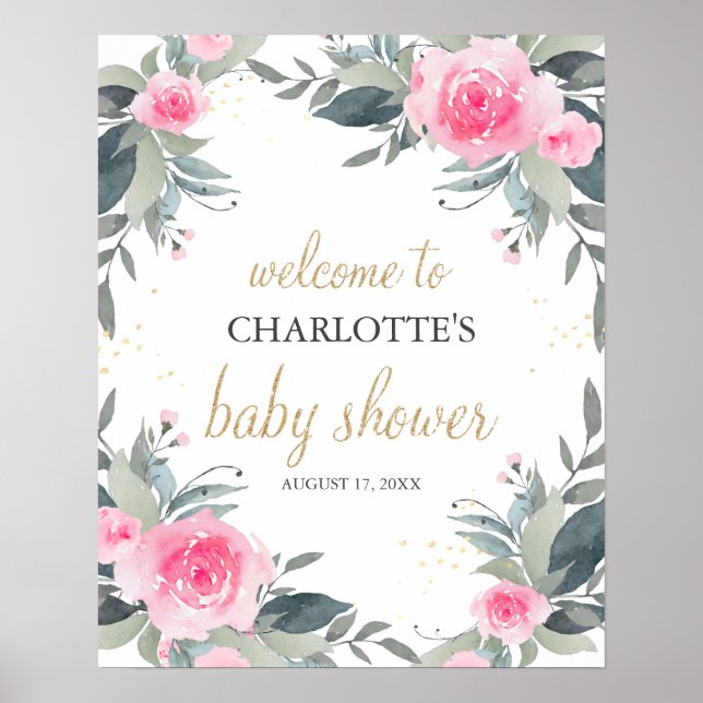 Pink Floral Baby Shower Welcome Sign (Front)