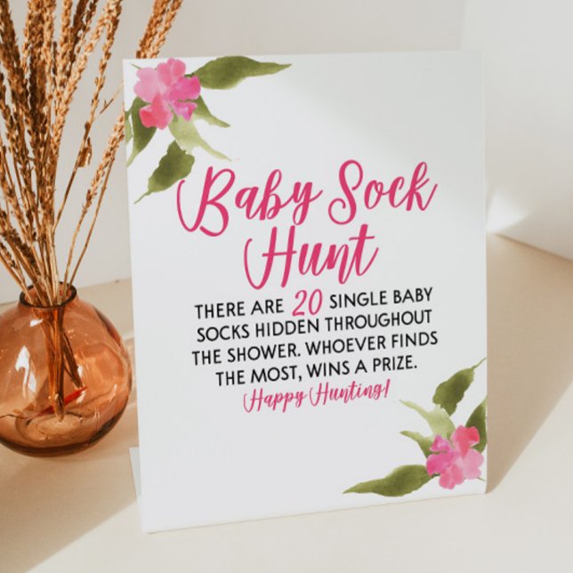 Pink Floral Baby Sock Hunt Baby Shower Game Pedestal Sign (Creator Uploaded)