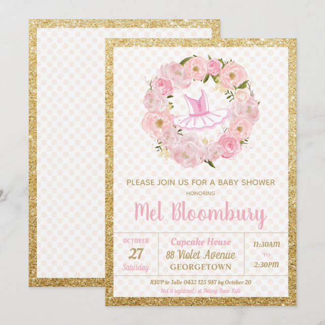 Pink Floral Ballerina Baby Shower Invitation Girl (Front/Back)