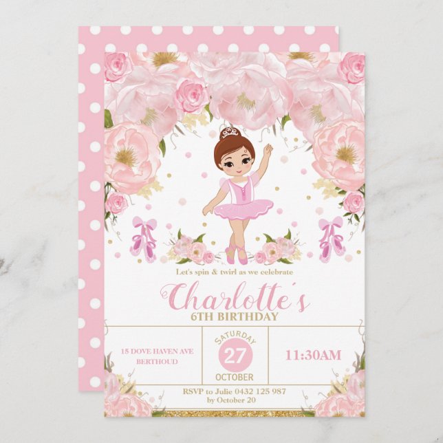 Pink Floral Ballerina Birthday Tutu Ballet Dance Invitation (Front/Back)