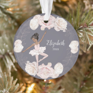 Pink Floral Ballerina Black Hair Girl Personalized Ornament