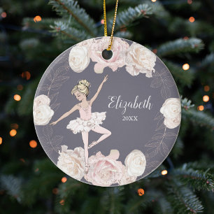Pink Floral Ballerina Blond Girl Personalized Ceramic Tree Decoration