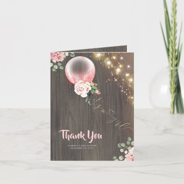 Pink Floral Balloon Baby Shower Thank You Card (Front)